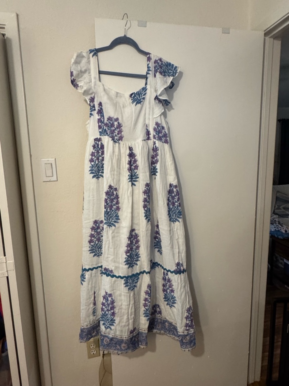 Victoria Dunn White Maxi Dress with Purple Floral Print